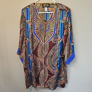 Bob Mackie 100% Silk Wearable Art Vibrant Blue Brown Tunic 2Piece Shoulder Pads